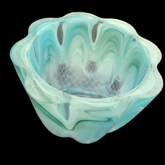 Gorgeous Turquoise ECOGLASS Recycled Art Glass Votive | White Swirl | Made in Sp - Picture 5 of 6